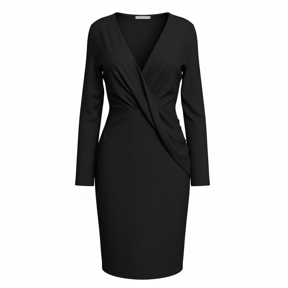 COS Black Long Sleeve Crossover Wrap Dress Draped V-Neck Knit Size L Minimalist